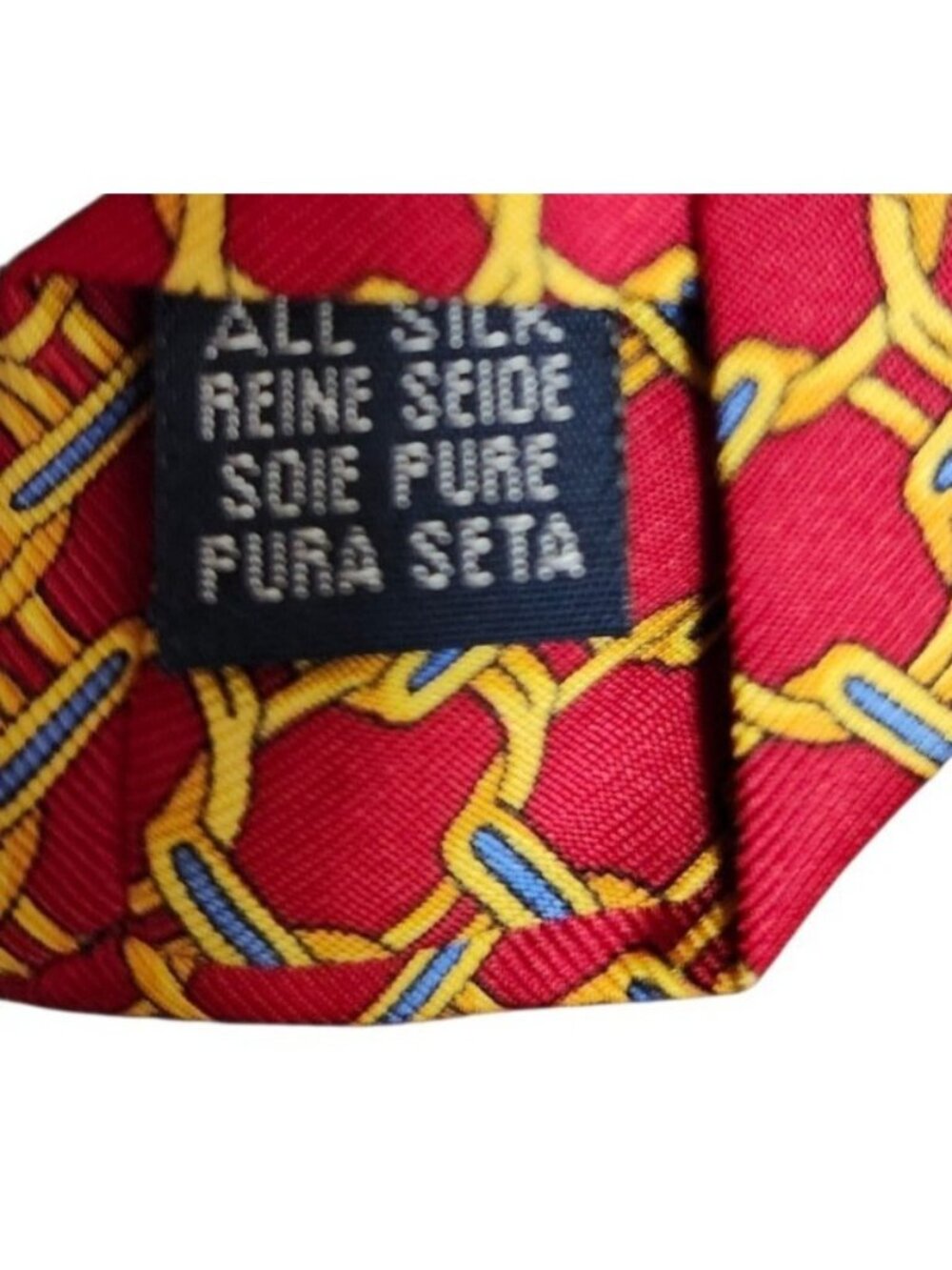 Vintage Burberrys London 100% Silk Red Gold Blue Geometric Chain Tie USA - Picture 8 of 8